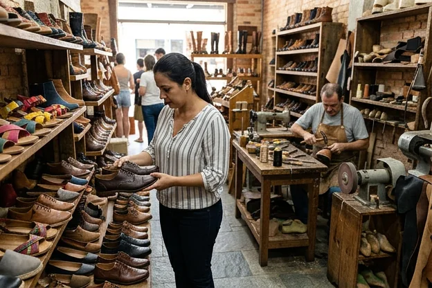 Pessoa escolhendo sapatos em loja em Embu das Artes.