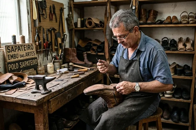 Pessoa realizando reparos em sapatos em casa, com ferramentas em Embu das Artes.