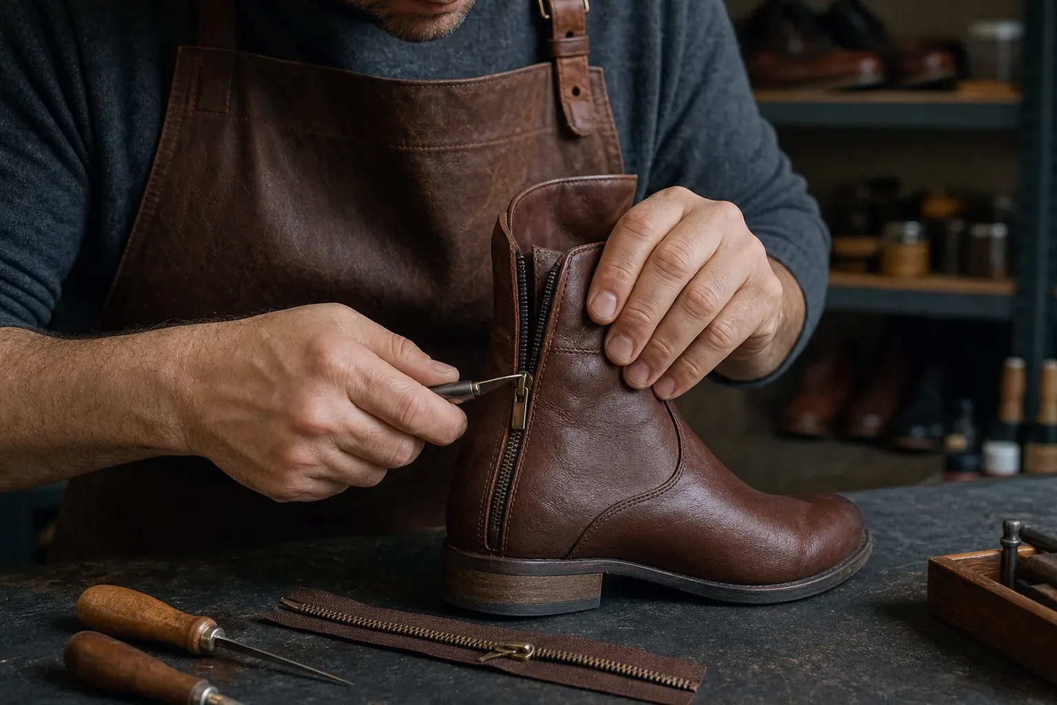 Profissional consertando zíper de bota em Embu das Artes.