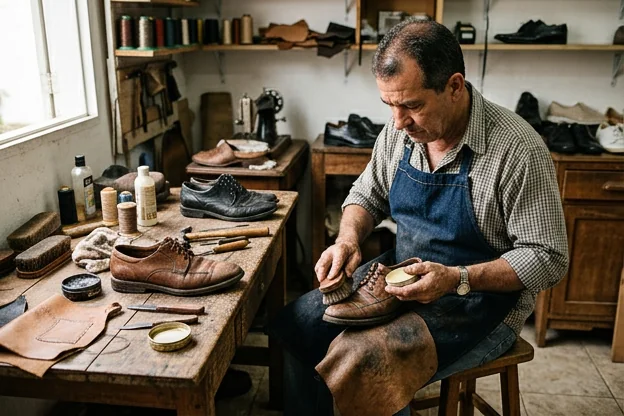 Sapatos sendo limpos e cuidados em Embu das Artes.